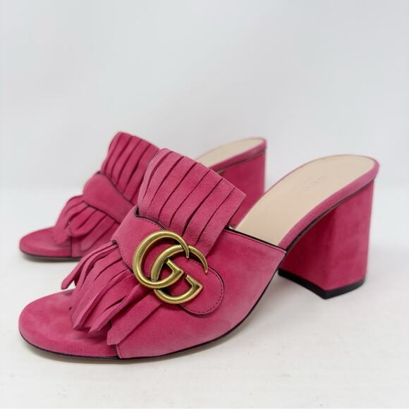 Gucci GG Marmont Pink Suede Fringe Mules Sandals - Picture 1 of 11